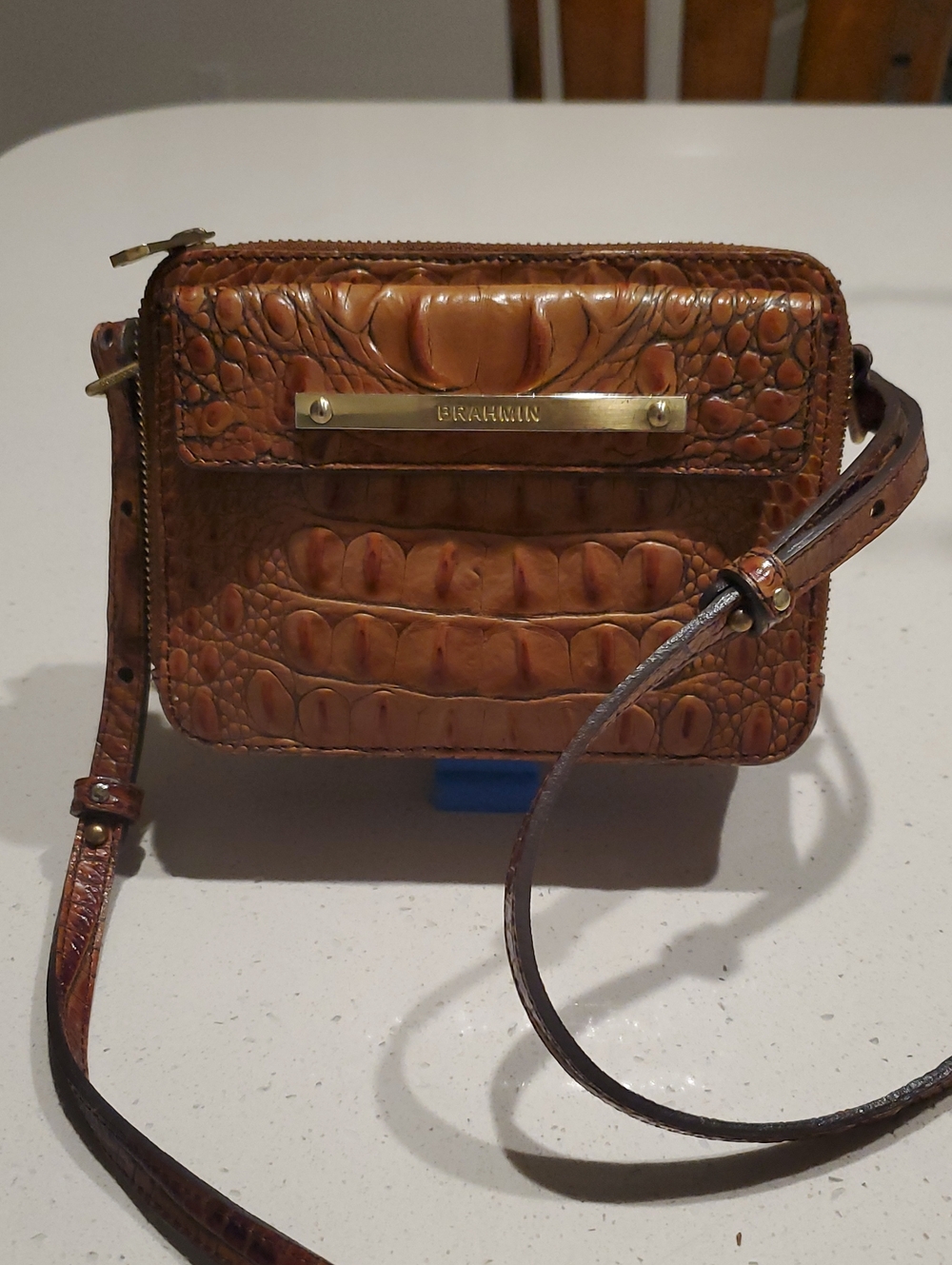 Brahmin Cognac Croc-Embossed Leather Crossbody with Gold Plate